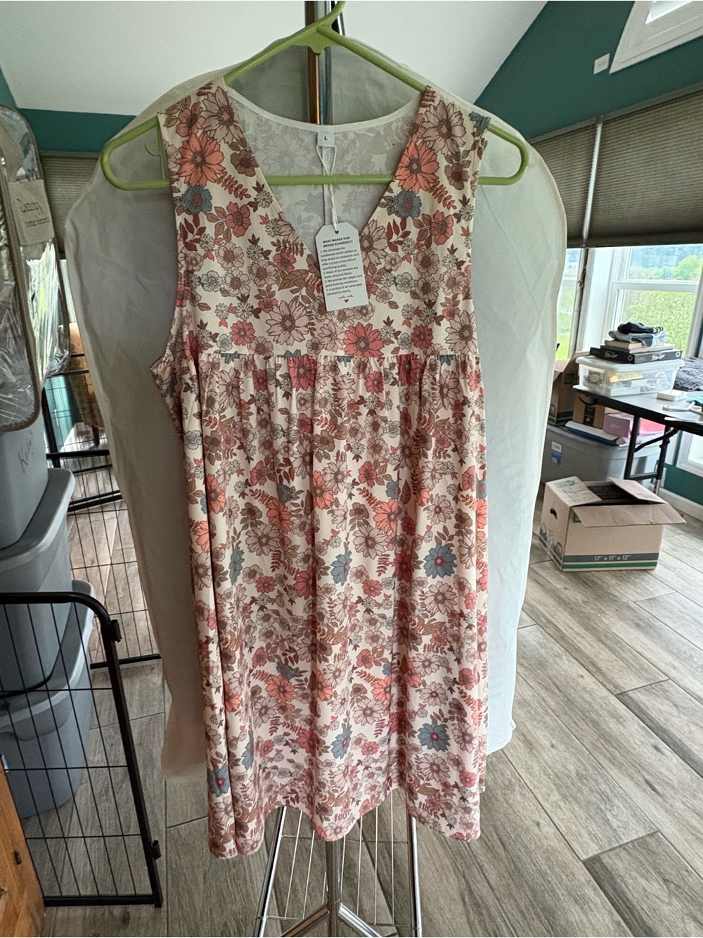 Floral V-Neck Sleeveless Dress in Cream, Pink & Blue